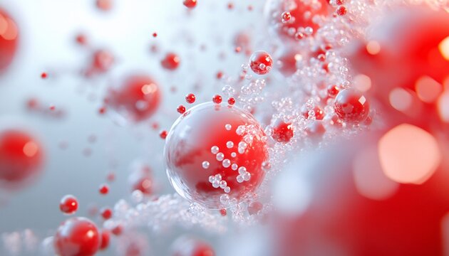The illustration shows many red spheres of different sizes surrounded by smaller white bubbles, creating a dynamic and abstract image.