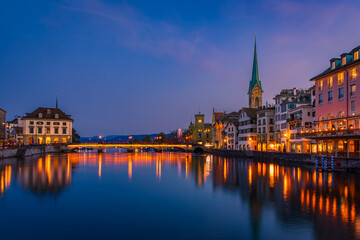 Cityscape of Zurich, Switzerland, at dus over the Limmat River in Altstadt