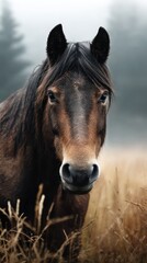 Majestic horse stands proudly in foggy meadow surrounded by tall grass and trees at dawn