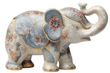 A pastel baby elephant figurine with floral patterns and raised trunk, side view, isolated on transparent background. 
