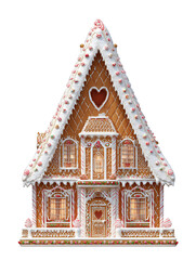 A gingerbread house fa&ccedil;ade with steep roof, candy trim, and centered heart-shaped window, isolated on transparent background.
