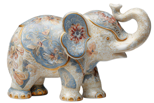 A pastel baby elephant figurine with floral patterns and raised trunk, side view, isolated on transparent background.
