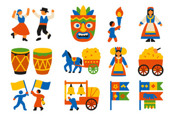 Fototapeta premium Traditional Parade Icons. Flat vector icons of traditional parades: folk dancers, ceremonial mask, torch bearer, ethnic drums,