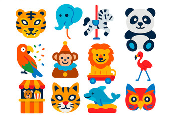 Obraz premium Animal Carnival Icons. Flat vector icons of animal-themed carnival: tiger mask, elephant balloon, zebra carousel horse, panda