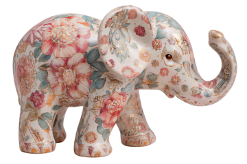 Side-facing pastel elephant ornament featuring floral motifs and curved raised trunk, isolated on transparent background.
