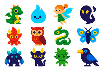 Obraz premium Magical Creature Icons. Flat vector icons of magical creatures: baby dragon, elemental spirit, tiny fairy, shadow wisp, flame imp,