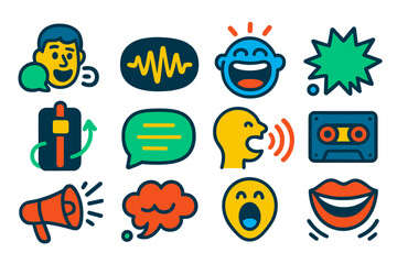 Voice Comedy Icons. Flat vector icons of voice comedy: funny impression, vocal wave, loud laugh, crackling sound, pitch modulator,