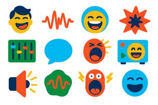 Voice Comedy Icons. Flat vector icons of voice comedy: funny impression, vocal wave, loud laugh, crackling sound, pitch modulator,
