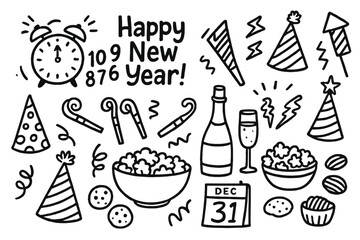 New Year's Eve Icons. Family New Year&rsquo;s Eve doodle set: hand drawn icons for countdowns, noisemakers, hats, and snacks, isolated