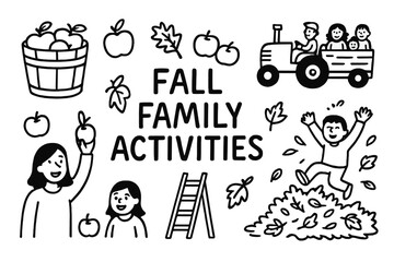Fall Family Fun Icons. Fall family activities doodle set: hand drawn icons for apple picking, hayrides, and leaf piles, isolated