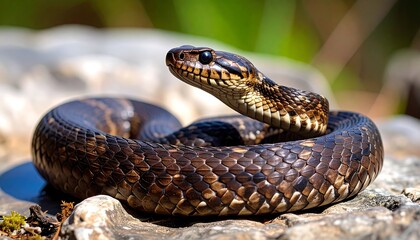 Fototapeta premium Close-up of a coiled snake on rocks