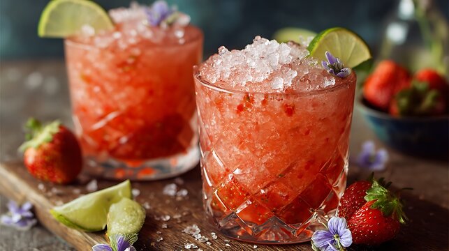 Strawberry margarita recipe: refreshing summer cocktails with lime and crushed ice on wooden board 100 - Powered by Adobe