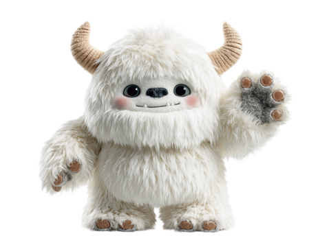 A friendly yeti figurine standing upright with horns and paws outward, featuring a cute expression, isolated on transparent background.
