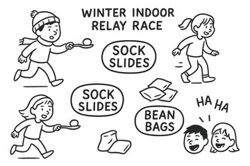 Winter Indoor Relay Doodles. Winter indoor relay race doodle set: hand drawn icons for spoon races, sock slides, bean bags, and