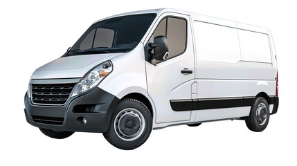 A small white utility van with clean body lines and simple hubcaps, shown from a front-left angle, isolated on transparent background.
