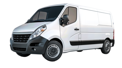 A small white utility van with clean body lines and simple hubcaps, shown from a front-left angle, isolated on transparent background.
