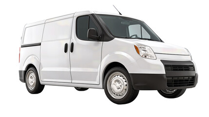 White delivery utility van in clean minimal form with basic hubcaps, angled front-left perspective, isolated on transparent background.
