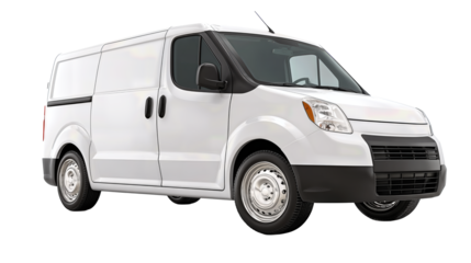 White delivery utility van in clean minimal form with basic hubcaps, angled front-left perspective, isolated on transparent background.
