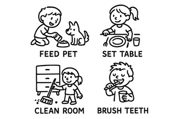 Children's Chore Icons. Children’s responsibility chart doodle set: hand drawn icons for feed pet, set table, clean room, and