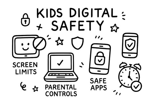 Kids Digital Safety Icons. Kids digital safety doodle set: hand drawn icons for screen limits, safe apps, parental controls, and