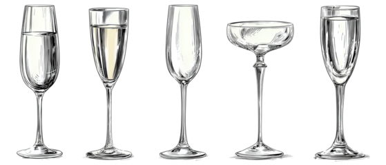 Row of champagne glass sketches showing coupe, wine, and flute variations in clean outline, isolated on transparent background.
