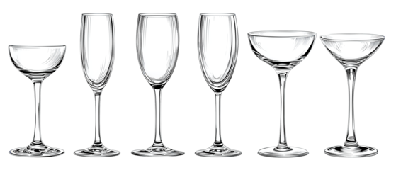 A sketch set of champagne glasses including wine, flute, and coupe outlines in a neat row, isolated on transparent background.
