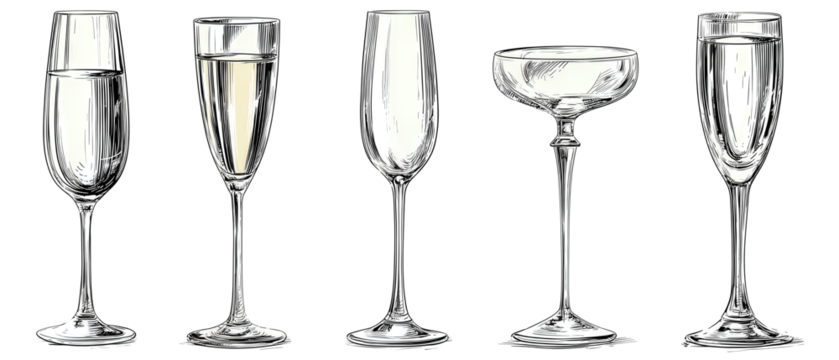 Row of champagne glass sketches showing coupe, wine, and flute variations in clean outline, isolated on transparent background.
