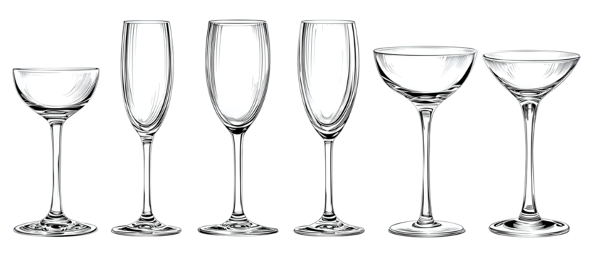 A sketch set of champagne glasses including wine, flute, and coupe outlines in a neat row, isolated on transparent background.
