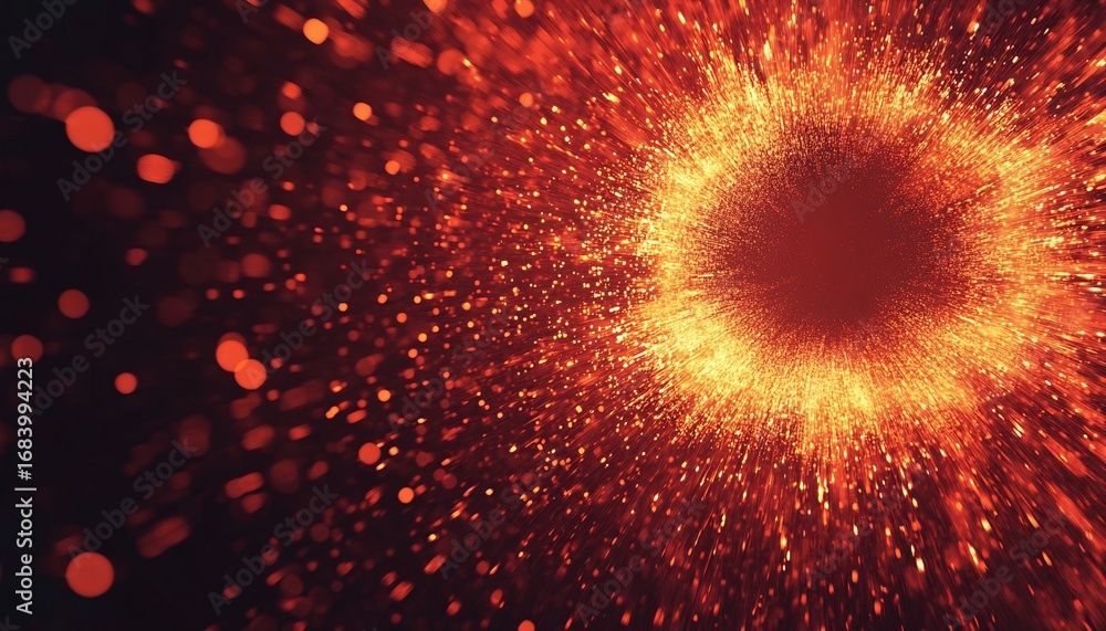 Poster the illustration shows a burst of red and orange light with many sparks radiating outward from the c