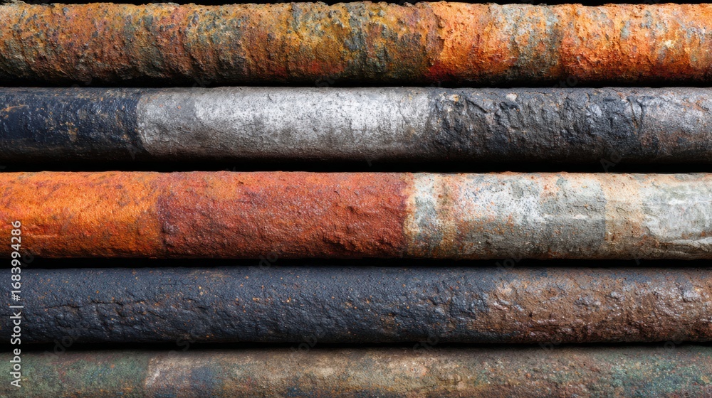 Aufkleber close-up view of stacked rusty metal pipes displaying various layers of corrosion and textured surfa