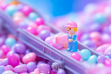 Toy Figure Working on a Conveyor Belt with Candy Beads
