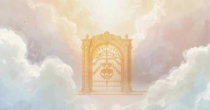 Sunlight emerging behind ornate golden gate at sky-high vantage point, illuminating pastel clouds