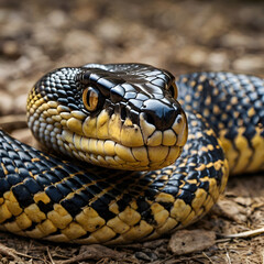 Fototapeta premium A captivating macro shot of a snake. Its scales gleam under the sunlight. revealing its predatory gaze. Capturing the essence of the reptile's intricate pattern.