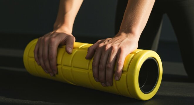 A persons hands grip a yellow textured foam roller