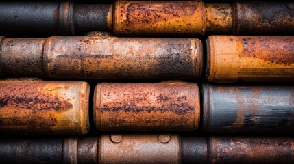 Close-up view of stacked metal pipes displaying various shades of rust and corrosion, highlighting textures and industrial themes in an urban environment.