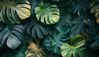 Fototapeta premium The illustration shows a close-up view of several monstera deliciosa leaves in varying shades of dark green and gold, creating a lush tropical backdrop.