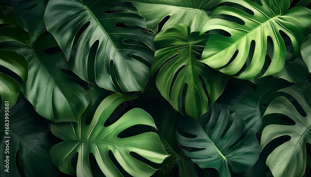 Poster the image shows a close-up view of several large, dark-green monstera leaves arranged to create a te