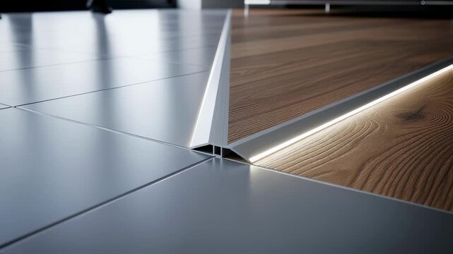 Slow pan showing the contrast between ceramic tile and wood planks highlighted by a neatly installed Tshaped transition molding.