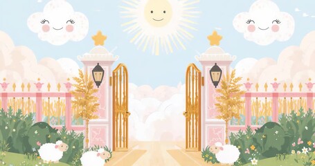 Starting ornate golden gates swinging outward in pastel courtyard on stone tile path, grazing sheep - Powered by Adobe