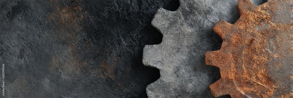 Aufkleber metallic gears with contrasting textures and colors lie on a dark surface, highlighting a blend of r
