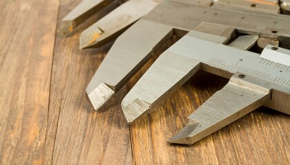 Close-up of metal calipers on wood