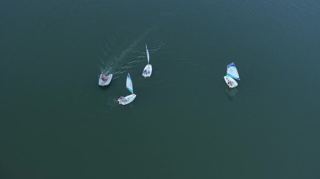 Aerial Bydgoszcz Poland sailboats city park lake. Northern Poland. Summer recreation, swimming, boats, sports. Historical trade transportation center. Modern architecture. City parks. EU.