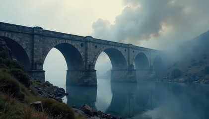 Fototapeta premium Ancient bridge engulfed in thick grey smoke rising from its stone arches, gray, decay