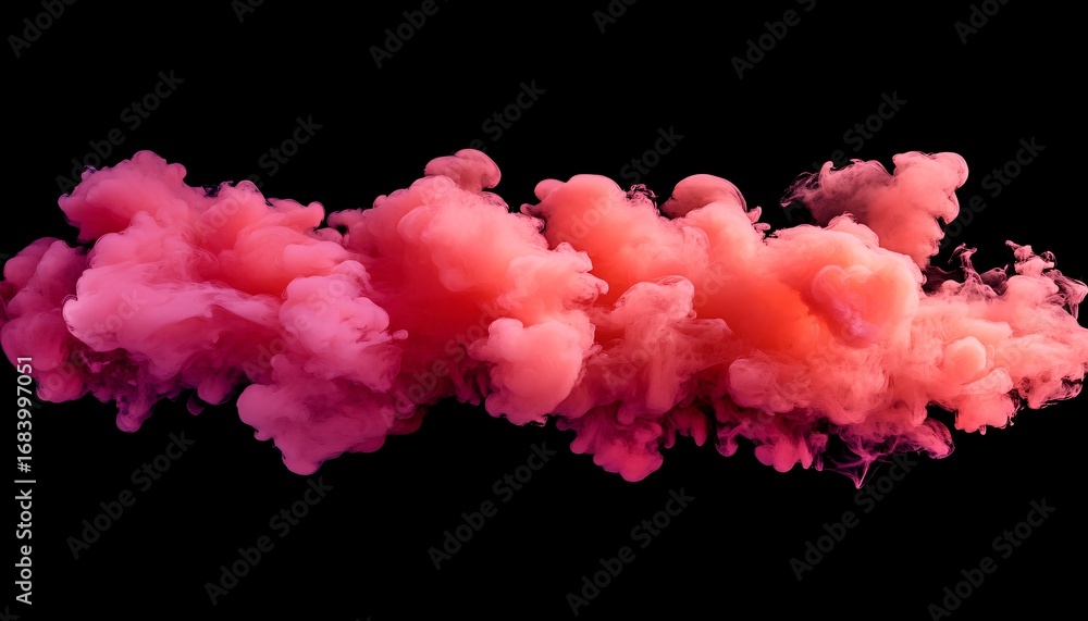 Poster the image shows a vibrant pink and red ink cloud suspended in black, exhibiting dynamic swirling pat