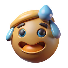 3D Cartoon Sweating Emoji with Open Mouth and Blue Sweat Drops nervous anxious isolated on a transparent background