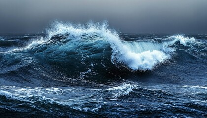 Naklejka premium A large wave with whitecaps is seen in the foreground of this image, set against a dark, stormy ocean and sky.