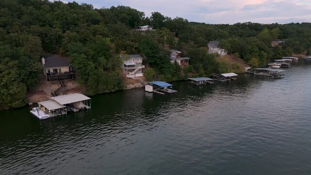 aerial shot panning over a series of boat docks