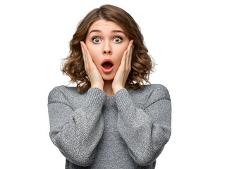 Astonished Woman, Shocked Expression, Amazement, Surprise, Grey Sweater, Close-up Portrait, Isolated on Black Background