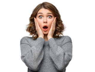 Astonished Woman, Shocked Expression, Amazement, Surprise, Grey Sweater, Close-up Portrait, Isolated on Black Background
