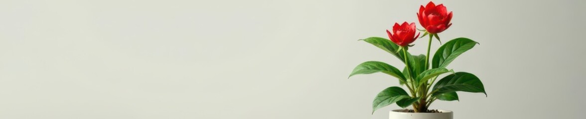 Obraz premium Tall potted plant with bright red buds and lush green leaves, set against a simple background, plants, indoor, plants